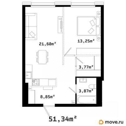 1-комн. квартира, 51.4 м&sup2;
