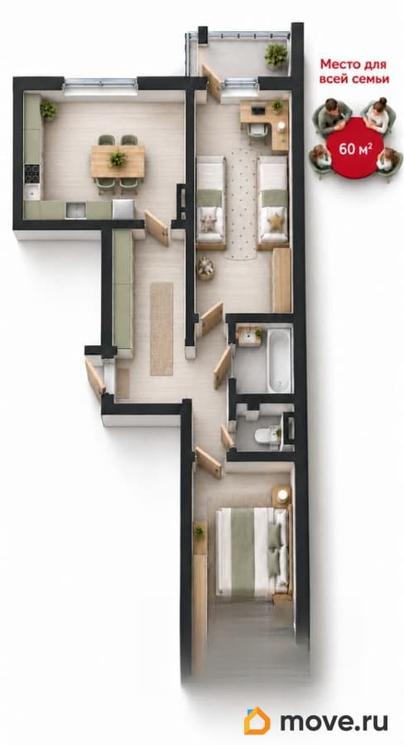 3-комн. квартира, 60.45 м&sup2;