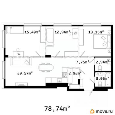 3-комн. квартира, 83.1 м&sup2;