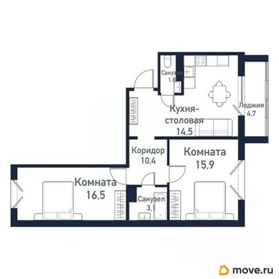 2-комн. квартира, 61.6 м&sup2;