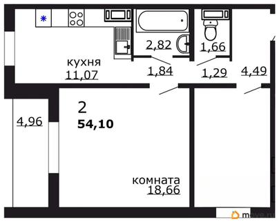 2-комн. квартира, 54.1 м&sup2;