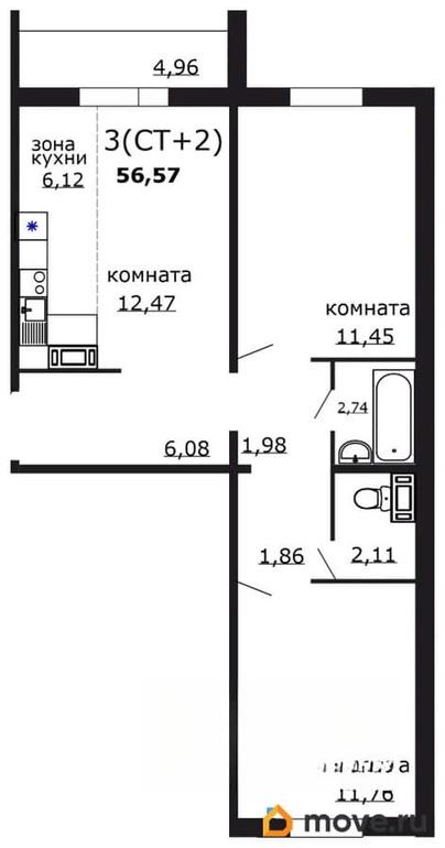 3-комн. квартира, 56.57 м&sup2;