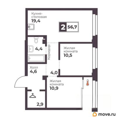 2-комн. квартира, 56.7 м&sup2;