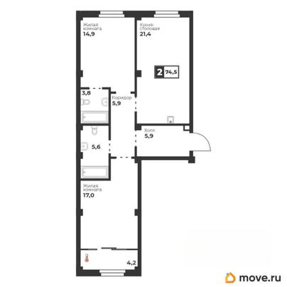 2-комн. квартира, 74.5 м&sup2;