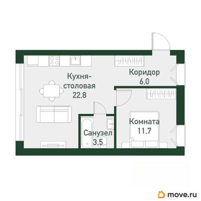 1-комн. квартира, 43.6 м&sup2;