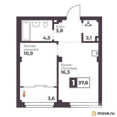 1-комн. квартира, 37.6 м&sup2;