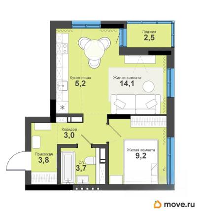 2-комн. квартира, 41.5 м&sup2;