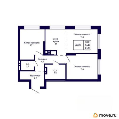 3-комн. квартира, 54.8 м&sup2;