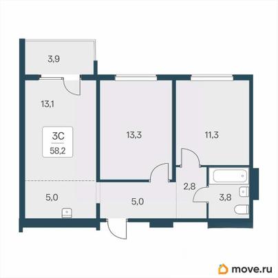 3-комн. квартира, 58.2 м&sup2;