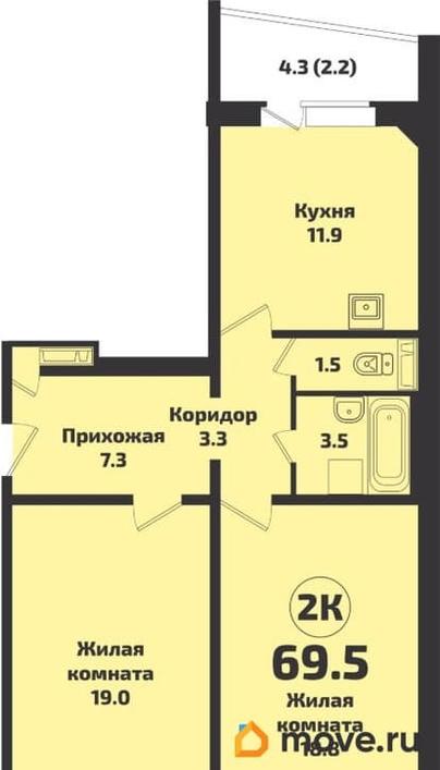 3-комн. квартира, 69.5 м&sup2;