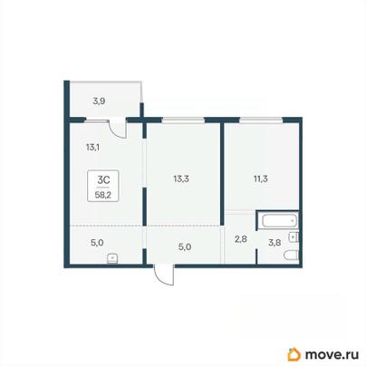 2-комн. квартира, 58.2 м&sup2;