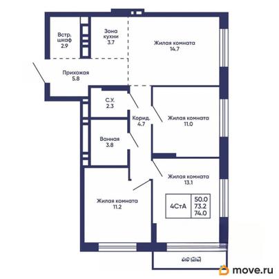 3-комн. квартира, 74 м&sup2;