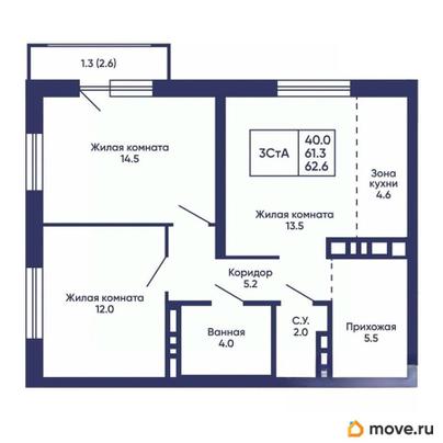 2-комн. квартира, 62.6 м&sup2;