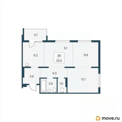 2-комн. квартира, 56.9 м&sup2;