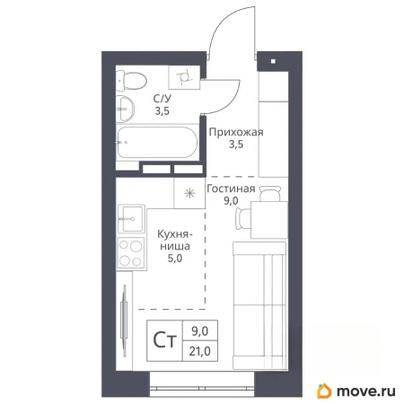 студия, 21 м&sup2;