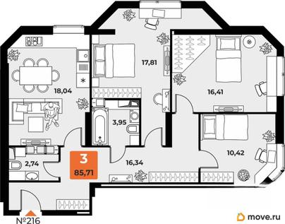 3-комн. квартира, 84.3 м&sup2;