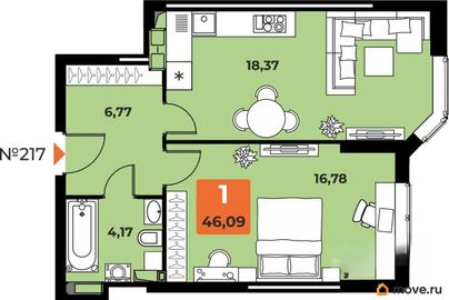 1-комн. квартира, 45.6 м&sup2;