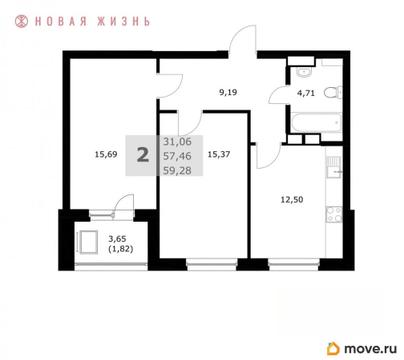 2-комн. квартира, 59.3 м&sup2;