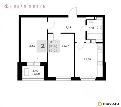 2-комн. квартира, 59.2 м&sup2;
