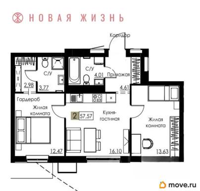 2-комн. квартира, 57.6 м&sup2;