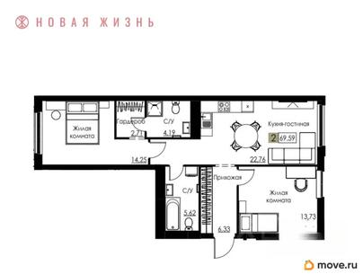 2-комн. квартира, 69.6 м&sup2;