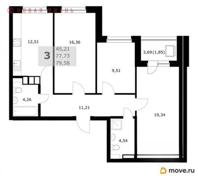 3-комн. квартира, 79.6 м&sup2;