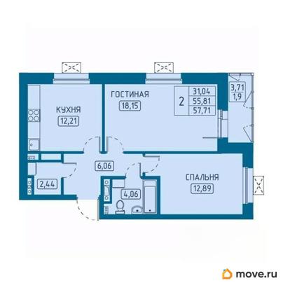 2-комн. квартира, 57.71 м&sup2;