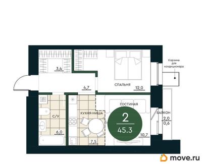 2-комн. квартира, 45.3 м&sup2;