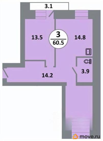 3-комн. квартира, 60.6 м&sup2;