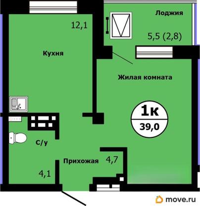 1-комн. квартира, 39 м&sup2;