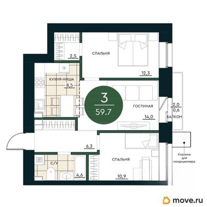 3-комн. квартира, 59.7 м&sup2;