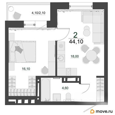 2-комн. квартира, 44.1 м&sup2;