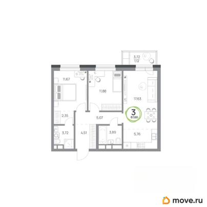 3-комн. квартира, 67.6 м&sup2;
