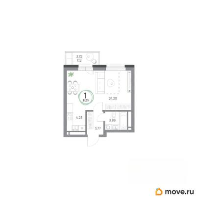 1-комн. квартира, 37.21 м&sup2;