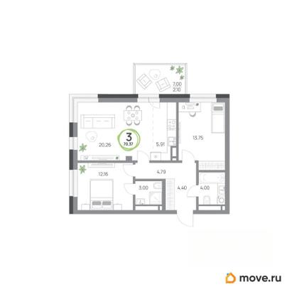 3-комн. квартира, 70.37 м&sup2;