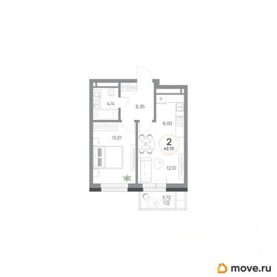 2-комн. квартира, 42.72 м&sup2;