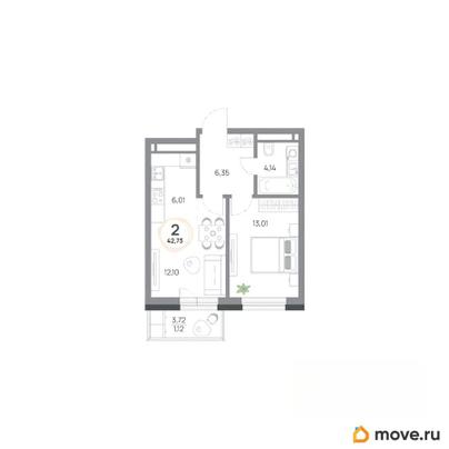 2-комн. квартира, 42.73 м&sup2;