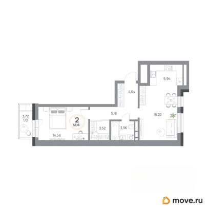 2-комн. квартира, 57.16 м&sup2;