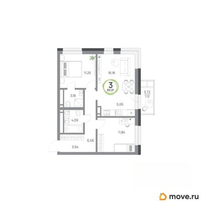 3-комн. квартира, 63.21 м&sup2;