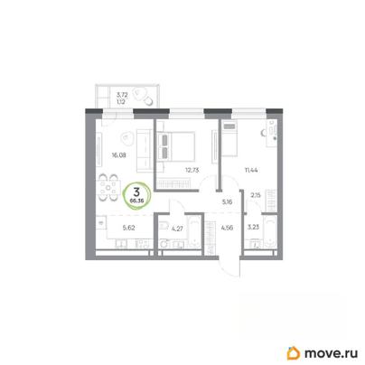 3-комн. квартира, 66.36 м&sup2;