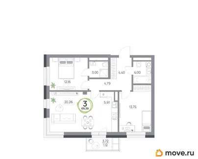 3-комн. квартира, 69.39 м&sup2;