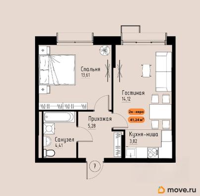 2-комн. квартира, 41.24 м&sup2;