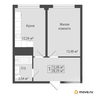 1-комн. квартира, 38.39 м&sup2;