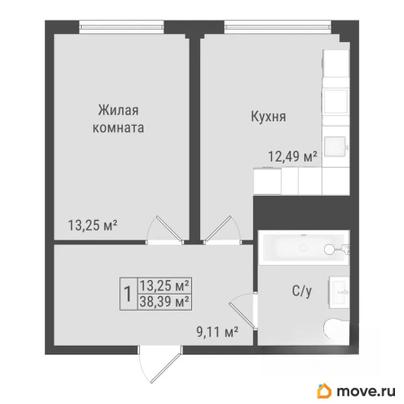 1-комн. квартира, 38.39 м&sup2;
