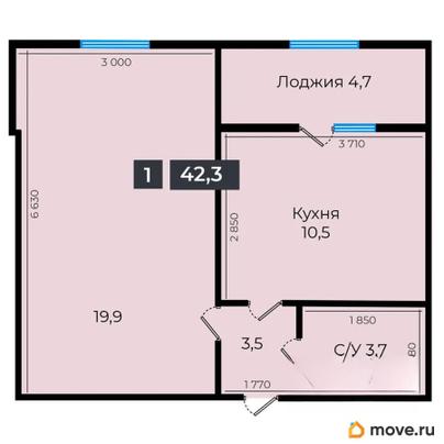 1-комн. квартира, 42.3 м&sup2;