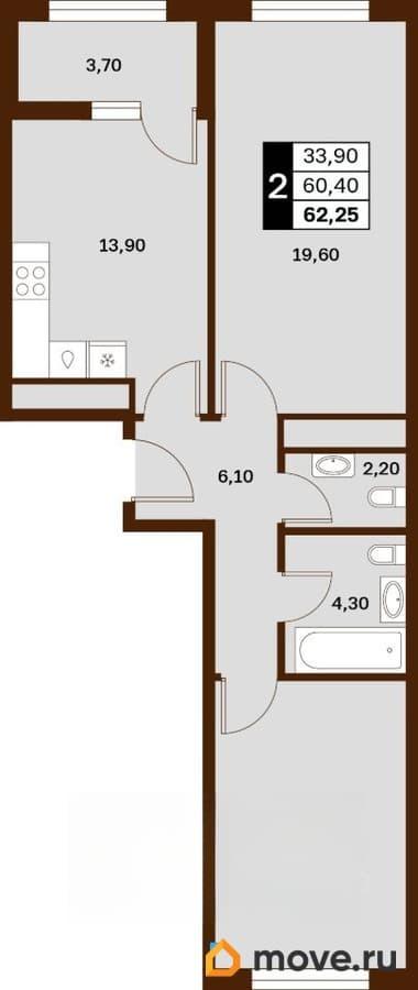 2-комн. квартира, 62.25 м&sup2;