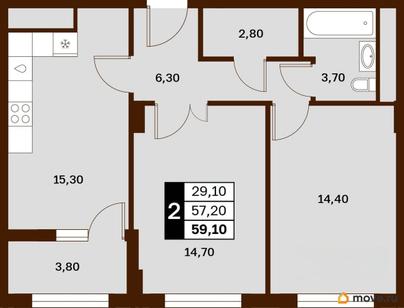 2-комн. квартира, 59.1 м&sup2;