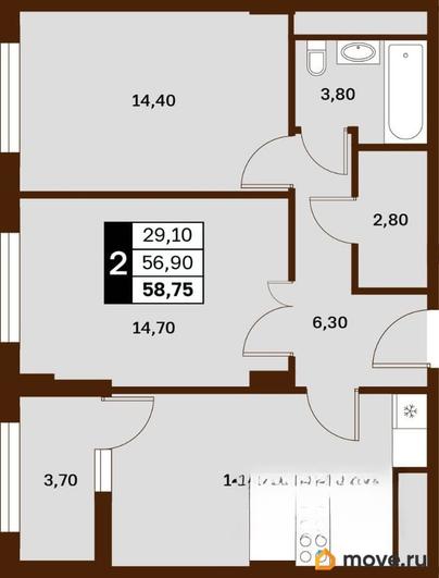 2-комн. квартира, 58.75 м&sup2;