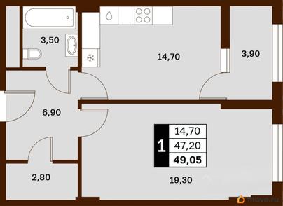 1-комн. квартира, 49.05 м&sup2;