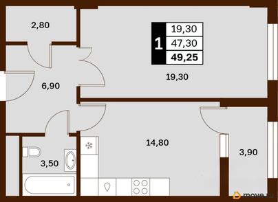 1-комн. квартира, 49.25 м&sup2;